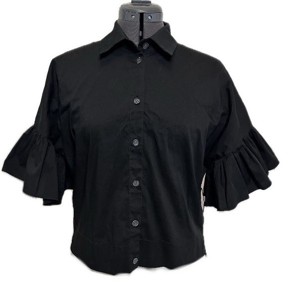 D. Exterior Made in Italy Black Ruffle Belted Poplin Top, Size Small - Picture 1 of 13